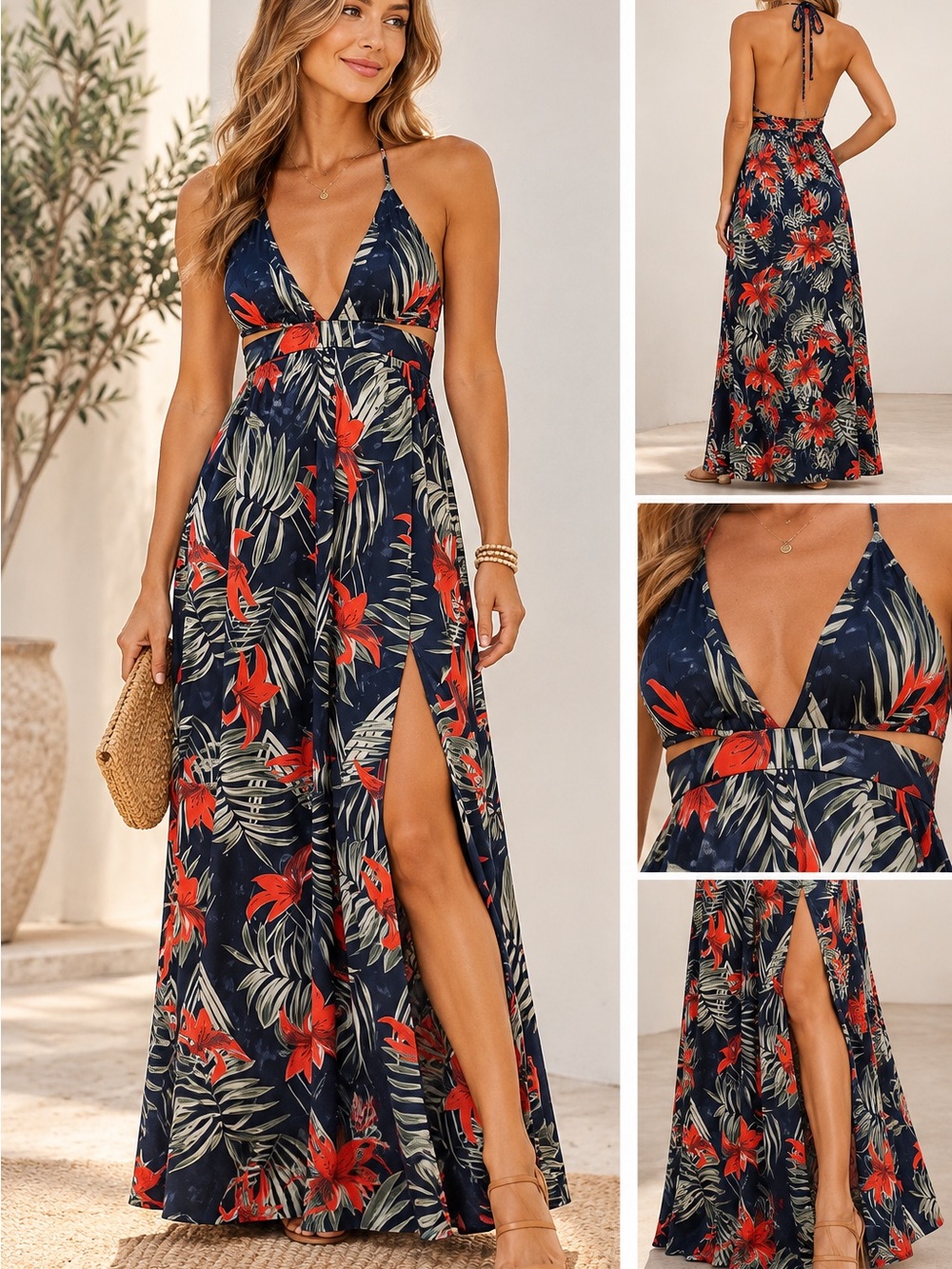 Navy Maxi Halter Dress with Red Floral Print High Slit Medium (US 6 / EU 38).